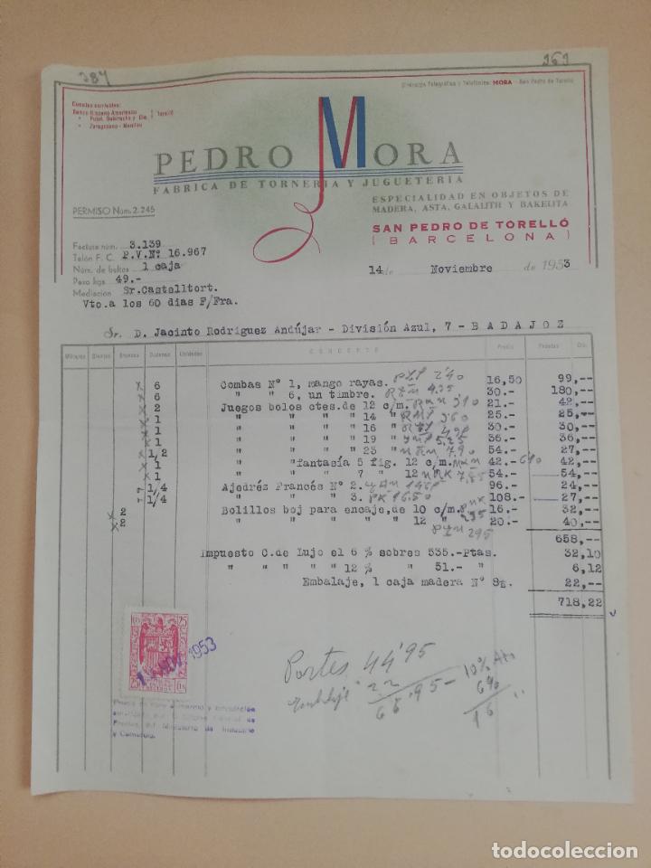 Factures anciennes: FACTURA. FABRICA DE TORNERIA Y JUGUETERIA. PEDRO MORA. SAN PEDRO DE TORELLO, BARCELONA. 1953.