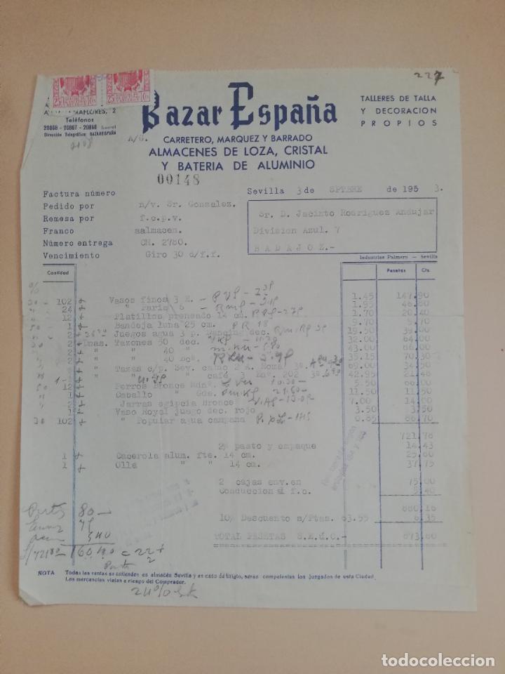 Factures anciennes: FACTURA. ALMACENES DE LOZA, CRISTAL Y BATERIA DE ALUMINIO. BAZAR ESPA&Ntilde;A. SEVILLA, 1953.