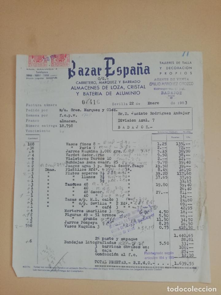 Factures anciennes: FACTURA. ALMACENES DE LOZA, CRISTAL Y BATERIA DE ALUMINIO. BAZAR ESPA&Ntilde;A. SEVILLA, 1953.