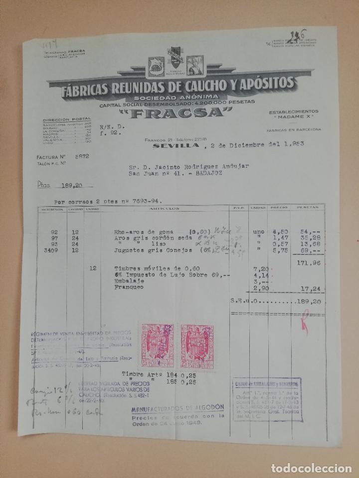 Factures anciennes: FACTURA. FABRICAS REUNIDAS DE CAUCHO Y APOSITOS. FRACSA. SEVILLA, 1953.