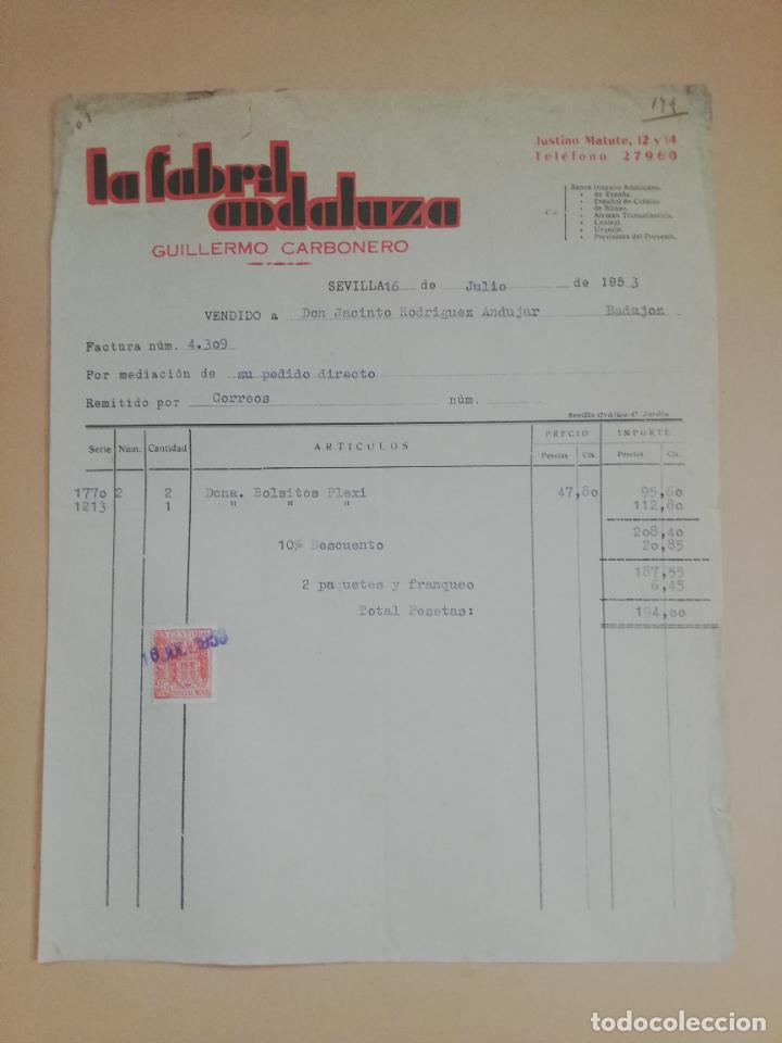 Factures anciennes: FACTURA. LA FABRIL ANDALUZA. GUILLERMO CARBONERO. SEVILLA. 1953.