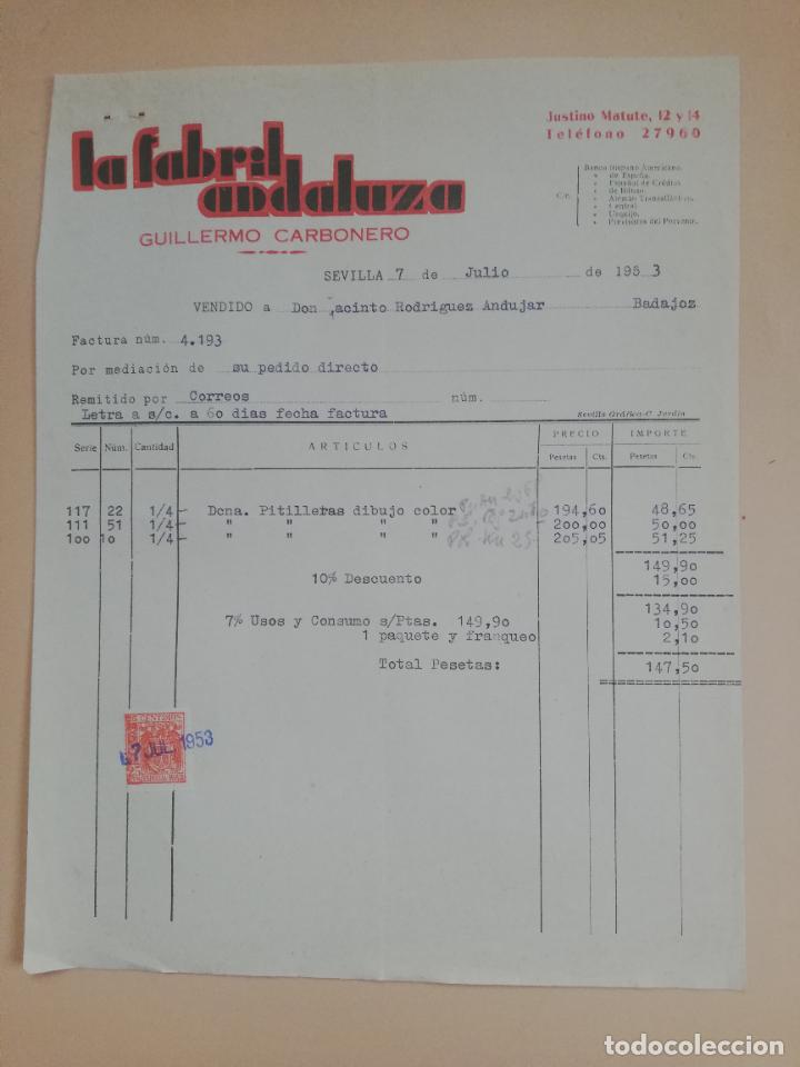 Factures anciennes: FACTURA. LA FABRIL ANDALUZA. GUILLERMO CARBONERO. SEVILLA. 1953.
