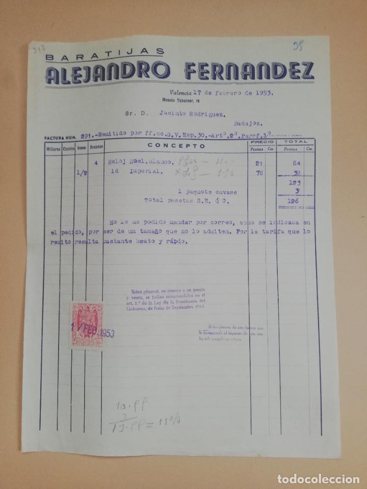 Factures anciennes: FACTURA. BARATIJAS. ALEJANDRO FERNANDEZ. VALENCIA, 1953.