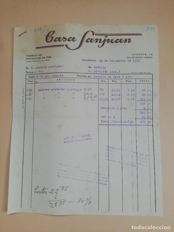 Factures anciennes: FACTURA. FABRICA DE ARTICULOS DE PIEL. CASA SANJUAN. VALENCIA, 1953.