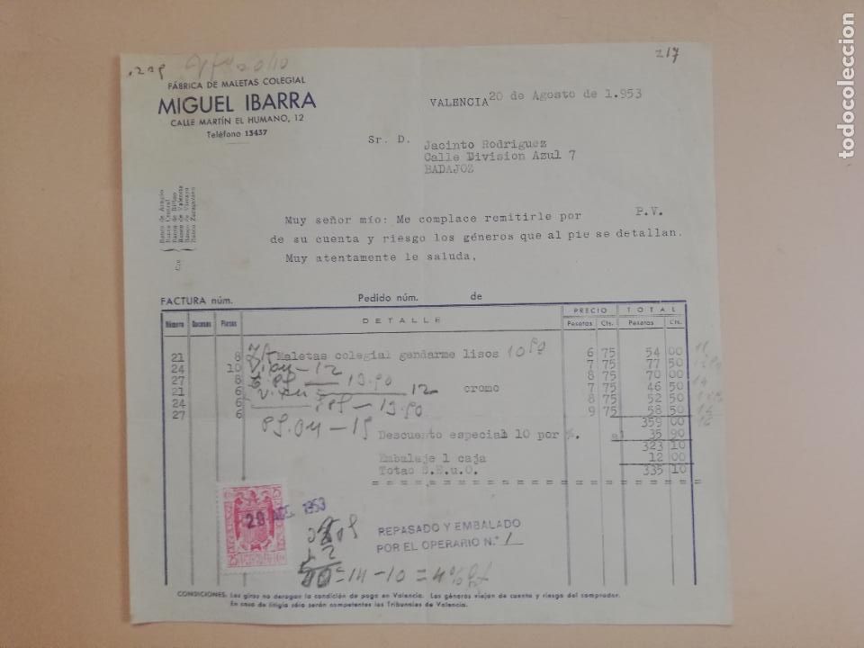 Facturas antiguas: FACTURA. FABRICA DE MALETAS COLEGIAL. MIGUEL IBARRA. VALENCIA, 1953.