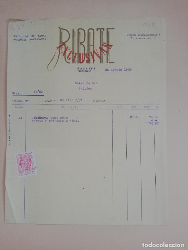 Factures anciennes: FACTURA. ARTICULOS DE GOMA PATENTES AMERICANAS. EXCLUSIVAS RIBATE. PASAJES, GUIPUZCOA, 1953.