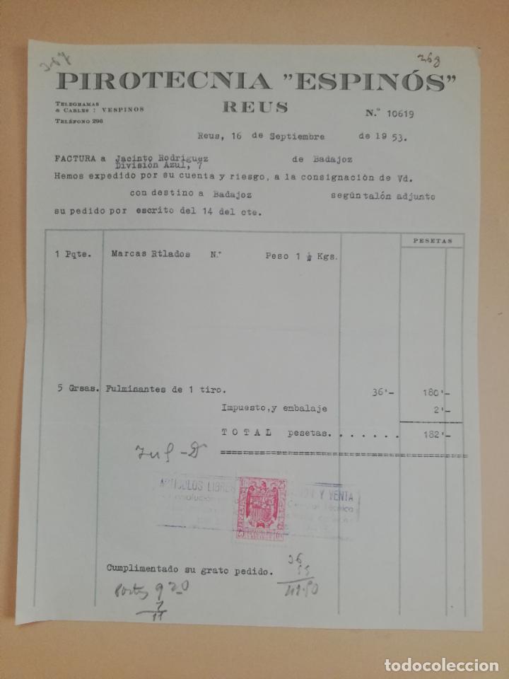 Factures anciennes: FACTURA. PIROTECNIA ESPINOS. REUS, TARRAGONA. 1953.