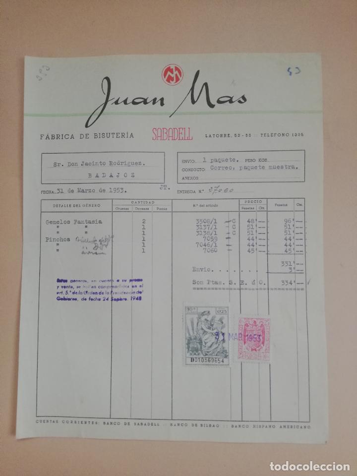 Factures anciennes: FACTURA. FABRICA DE BISUTERIA. JUAN MAS. SABADELL, 1953.