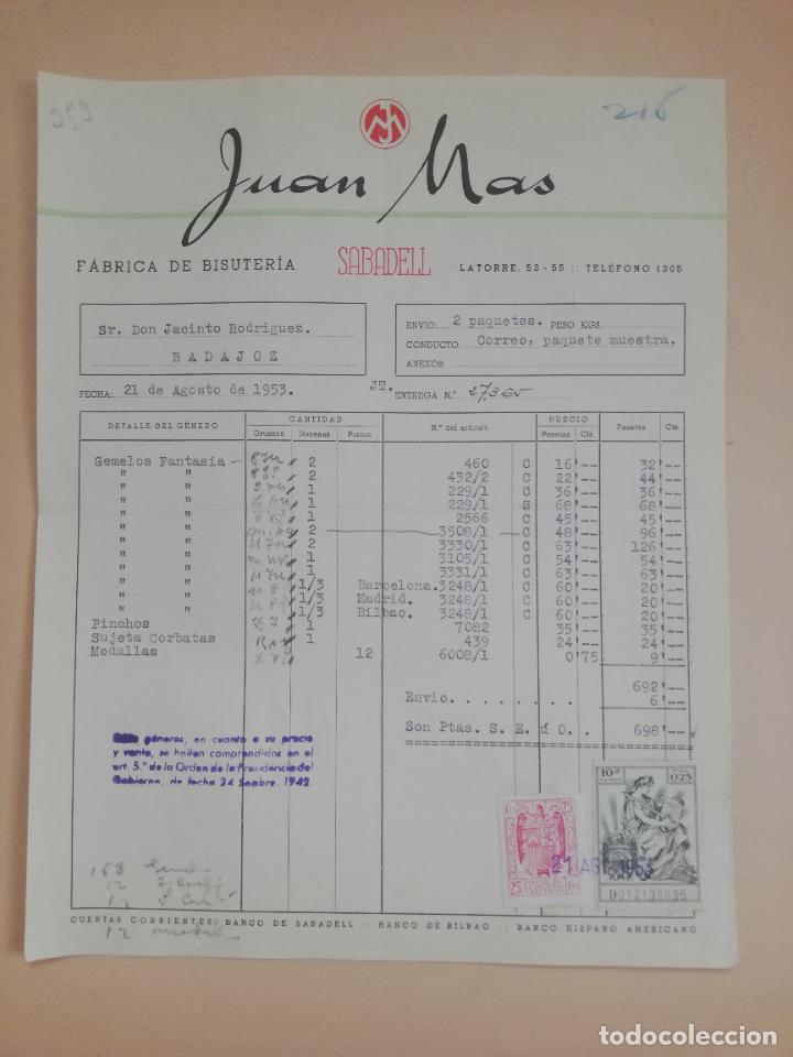 Factures anciennes: FACTURA. FABRICA DE BISUTERIA. JUAN MAS. SABADELL, 1953.