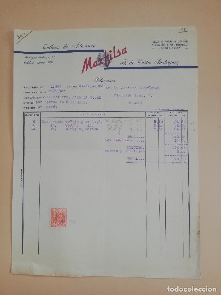 Factures anciennes: FACTURA. TALLERES DE ARTESANIA MARFILSA. SALAMANCA, 1953.
