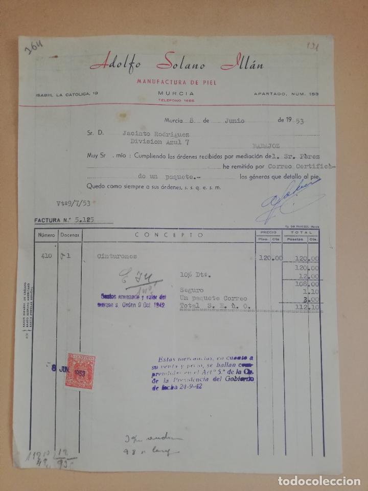 Fatture antiche: FACTURA. MANUFACTURA DE PIEL. ADOLFO SOLANO ILLAN. MURCIA. 1953.