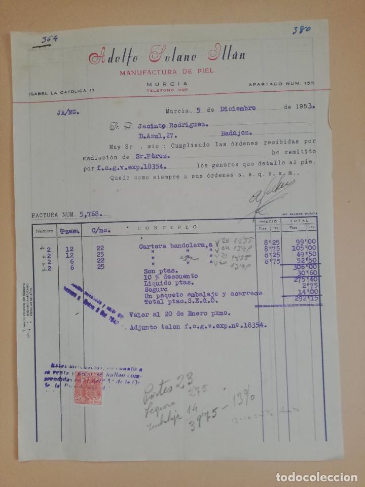 Fatture antiche: FACTURA. MANUFACTURA DE PIEL. ADOLFO SOLANO ILLAN. MURCIA. 1953.