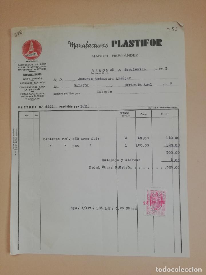 Fatture antiche: FACTURA. FABRICACION DE ARTICULOS DE PLASTICOS. MANUEL HERNANDEZ. PLASTIFLOR. MAHON, 1953.