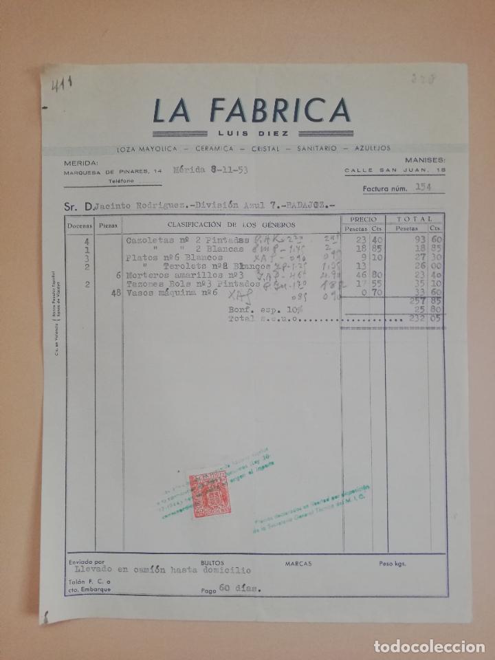 Fatture antiche: FACTURA. LOZA MAYOLICA. CERAMICA. CRISTAL. SANITARIO. LA FABRICA. LUIS DIEZ. MERIDA, 1953.