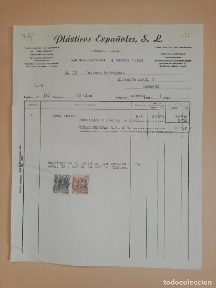 Fatture antiche: FACTURA. FABRICACION DE LAMINAS DE CELUGELCA. PLASTICOS ESPA&Ntilde;OLES, S. L. MURIEDAS, SANTANDER, 1953.