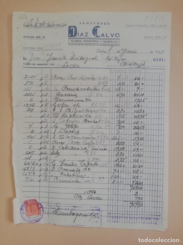 Fatture antiche: FACTURA. TEJIDOS-PAQUETERIA-QUINCALLA. ALMACENES DIAZ CALVO. ZAFRA, 1953.