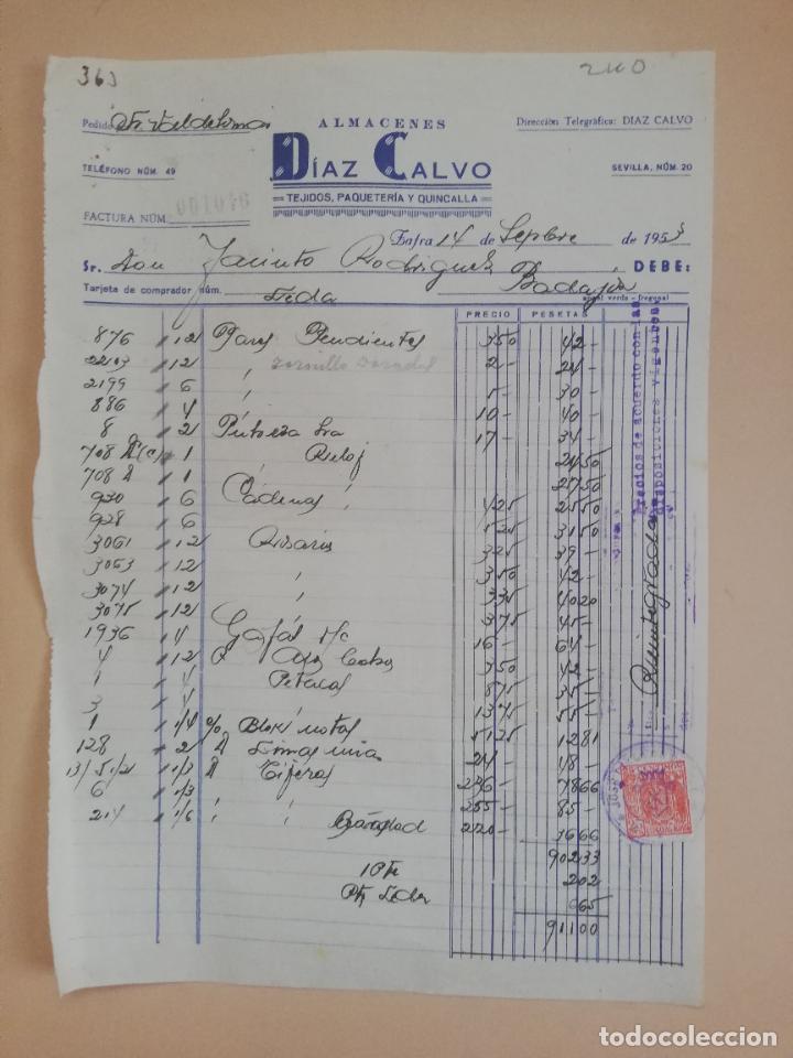 Fatture antiche: FACTURA. TEJIDOS-PAQUETERIA-QUINCALLA. ALMACENES DIAZ CALVO. ZAFRA, 1953.