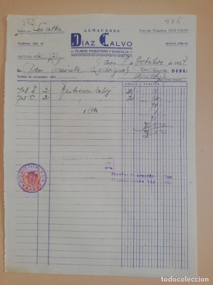 Fatture antiche: FACTURA. TEJIDOS-PAQUETERIA-QUINCALLA. ALMACENES DIAZ CALVO. ZAFRA, 1953.