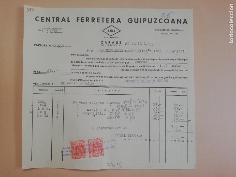 Fatture antiche: FACTURA. CENTRAL FERRETERA GUIPUZCOANA. CAICA. ZARAUZ, GUIPUZCOA, 1953.