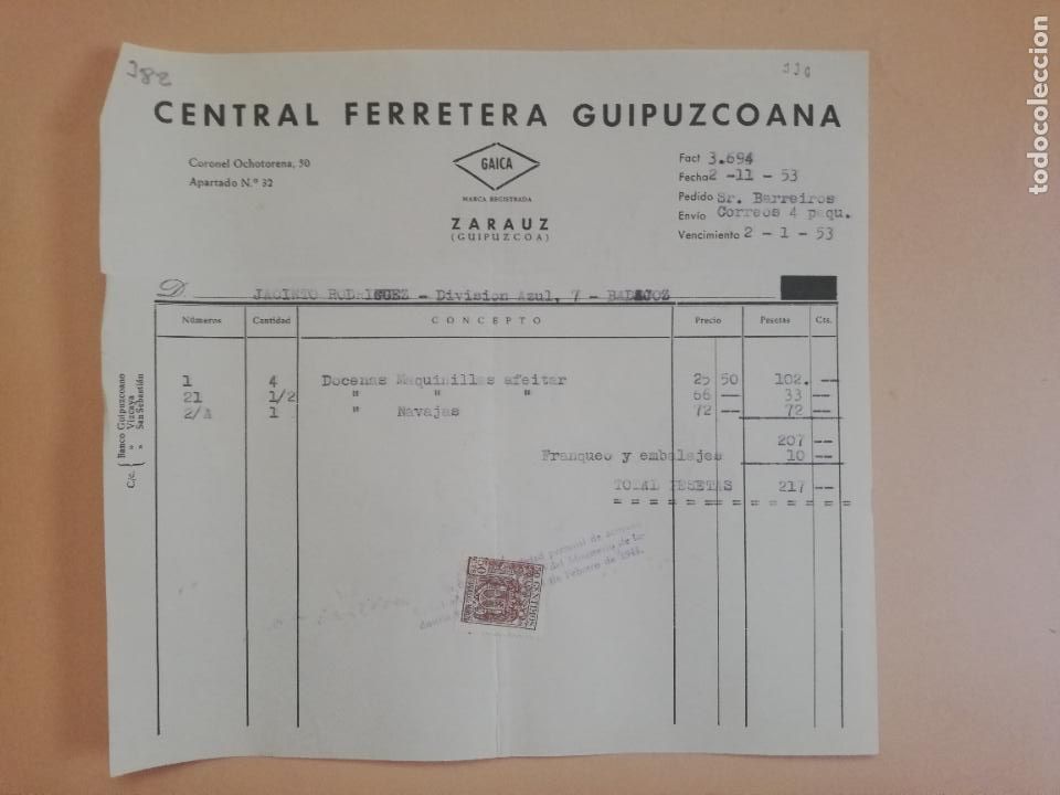 Fatture antiche: FACTURA. CENTRAL FERRETERA GUIPUZCOANA. CAICA. ZARAUZ, GUIPUZCOA, 1953.