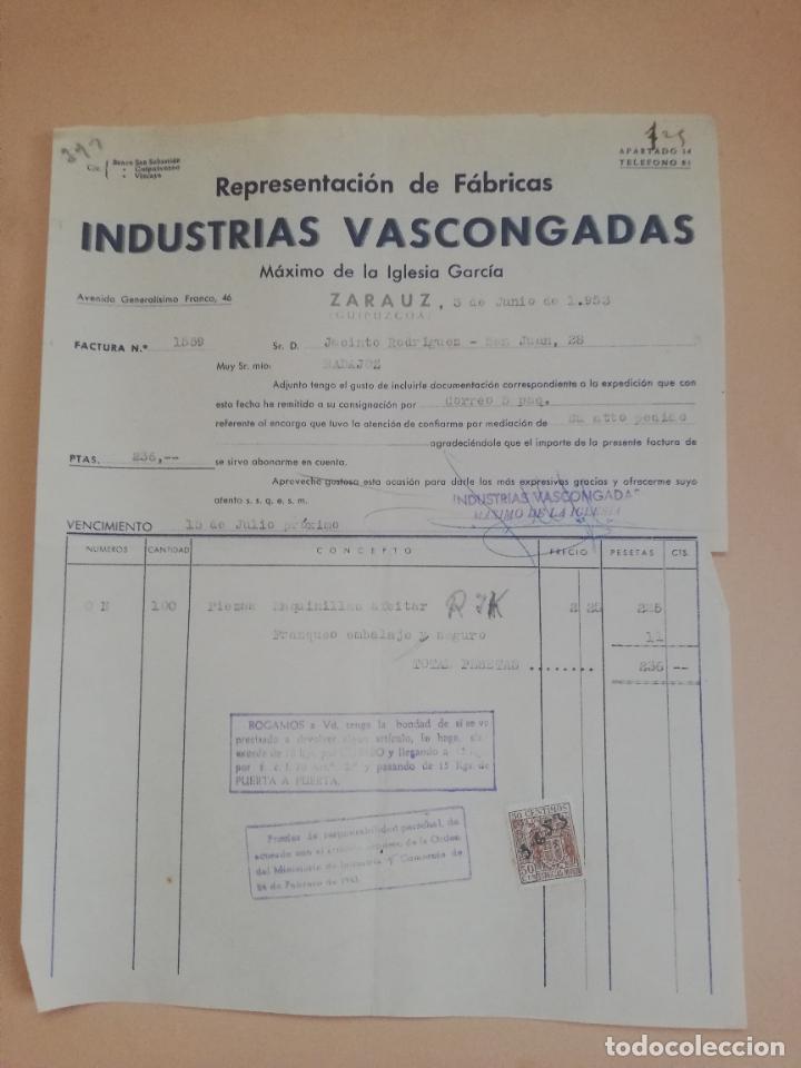 Fatture antiche: FACTURA. INDUSTRIAS VASCONGADAS. MAXIMO DE LA IGLESIA GARCIA. ZARAUZ, GUIPUZCOA, 1953.