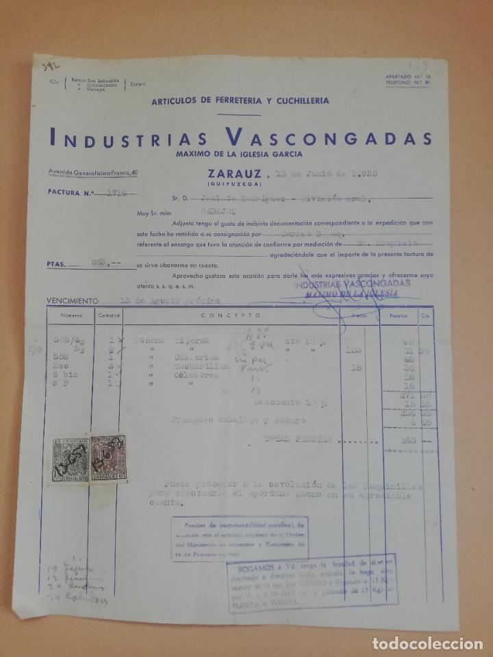 Fatture antiche: FACTURA. FERRETERIA. INDUSTRIAS VASCONGADAS. MAXIMO DE LA IGLESIA GARCIA. ZARAUZ, GUIPUZCOA, 1953.