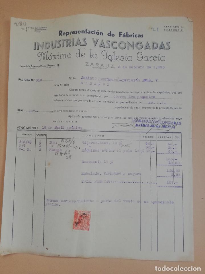 Fatture antiche: FACTURA. INDUSTRIAS VASCONGADAS. MAXIMO DE LA IGLESIA GARCIA. ZARAUZ, GUIPUZCOA, 1953.