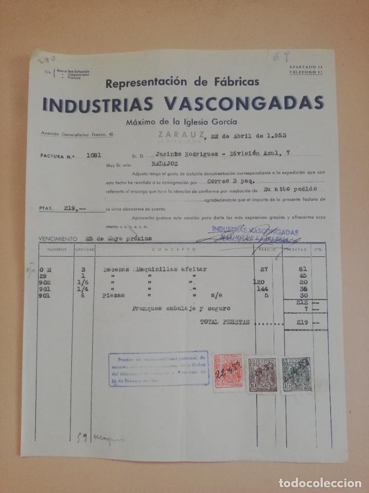 Fatture antiche: FACTURA. INDUSTRIAS VASCONGADAS. MAXIMO DE LA IGLESIA GARCIA. ZARAUZ, GUIPUZCOA, 1953.