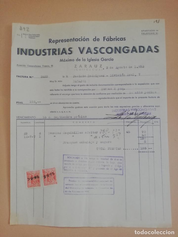 Fatture antiche: FACTURA. INDUSTRIAS VASCONGADAS. MAXIMO DE LA IGLESIA GARCIA. ZARAUZ, GUIPUZCOA, 1953.