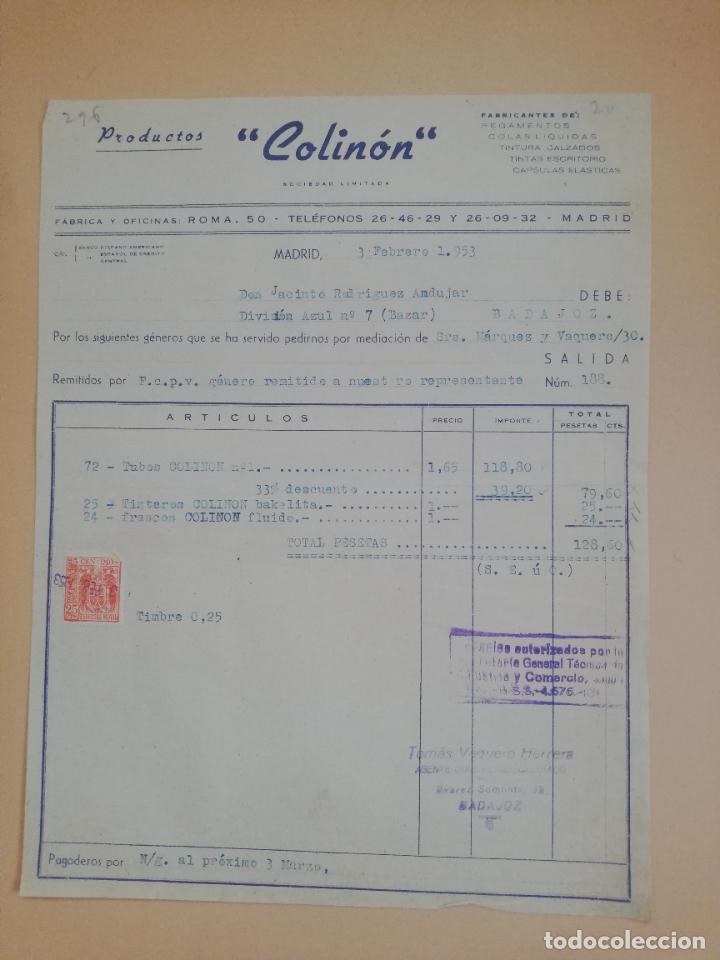 Fatture antiche: FACTURA. FABRICACION DE PEGAMENTOS-COLAS LIQUIDAS. PRODUCTOS COLINON, S. L. MADRID, 1953.