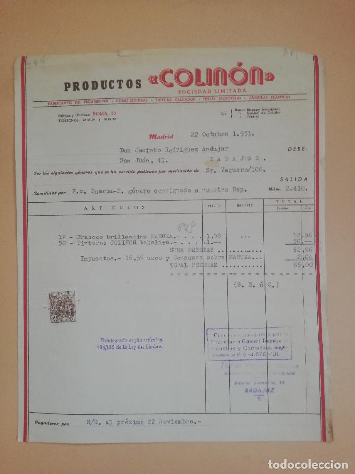 Fatture antiche: FACTURA. FABRICACION DE PEGAMENTOS-COLAS LIQUIDAS. PRODUCTOS COLINON, S. L. MADRID, 1953.