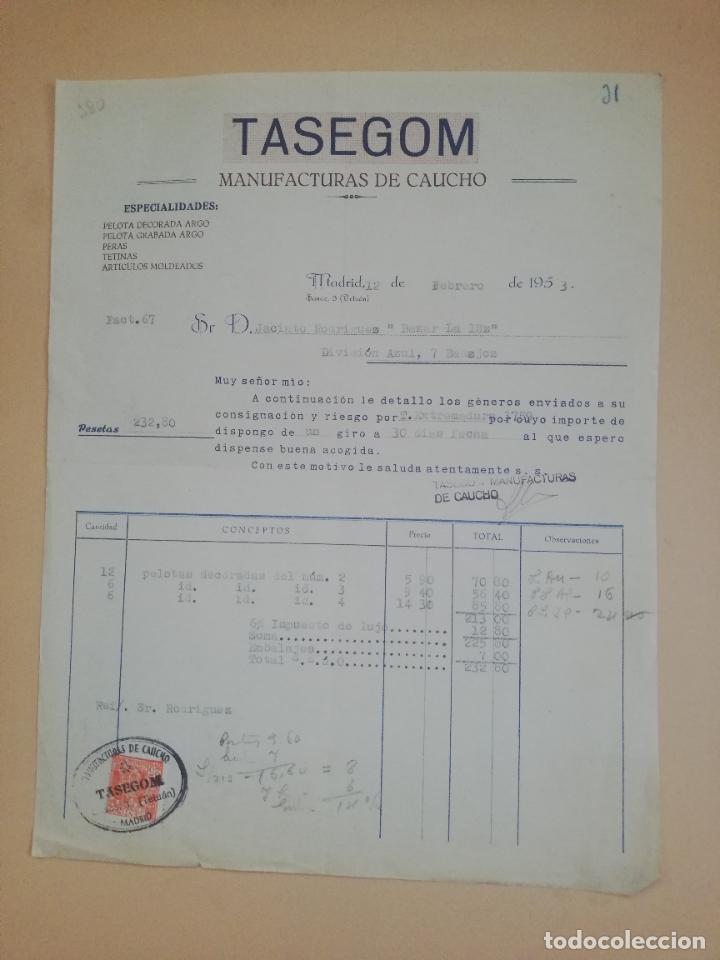 Fatture antiche: FACTURA. MANUFACTURAS DE CAUCHO TASEGOM. PELOTA DECORADA. MADRID, 1953.