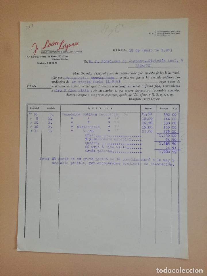 Fatture antiche: FACTURA. JOAQUIN LEON LOPEZ. AGENTE COMERCIAL COLEGIADO. MADRID, 1963.