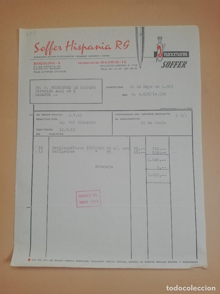 Facturas antiguas: FACTURA. SOFFER HISPANIA, RG. INOXCROM, ESTILOGRAFICAS Y BOLIGRAFOS. BARCELONA, 1963.