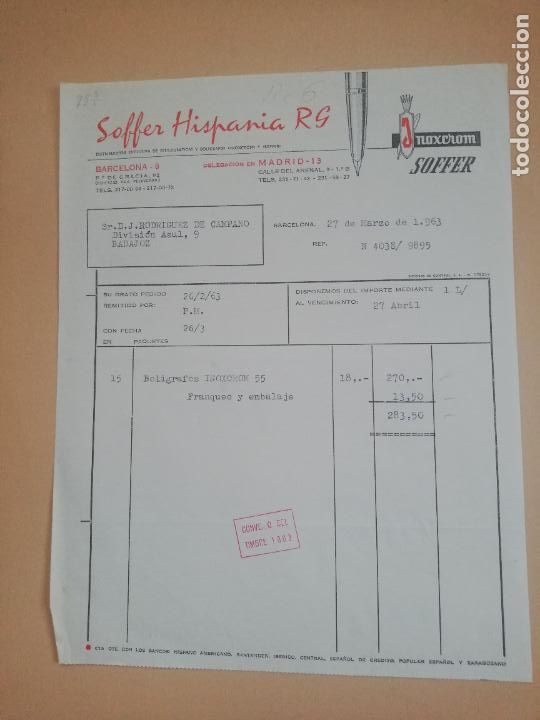 Facturas antiguas: FACTURA. SOFFER HISPANIA, RG. INOXCROM, ESTILOGRAFICAS Y BOLIGRAFOS. BARCELONA, 1963.