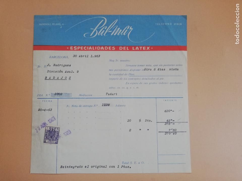 Facturas antiguas: FACTURA. ESPECIALIDADES DEL LATEX. BAL-MAR. BARCELONA, 1963. DOS HOJAS.