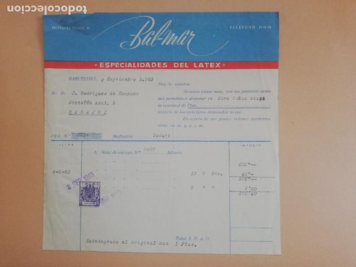 Facturas antiguas: FACTURA. ESPECIALIDADES DEL LATEX. BAL-MAR. BARCELONA, 1963.