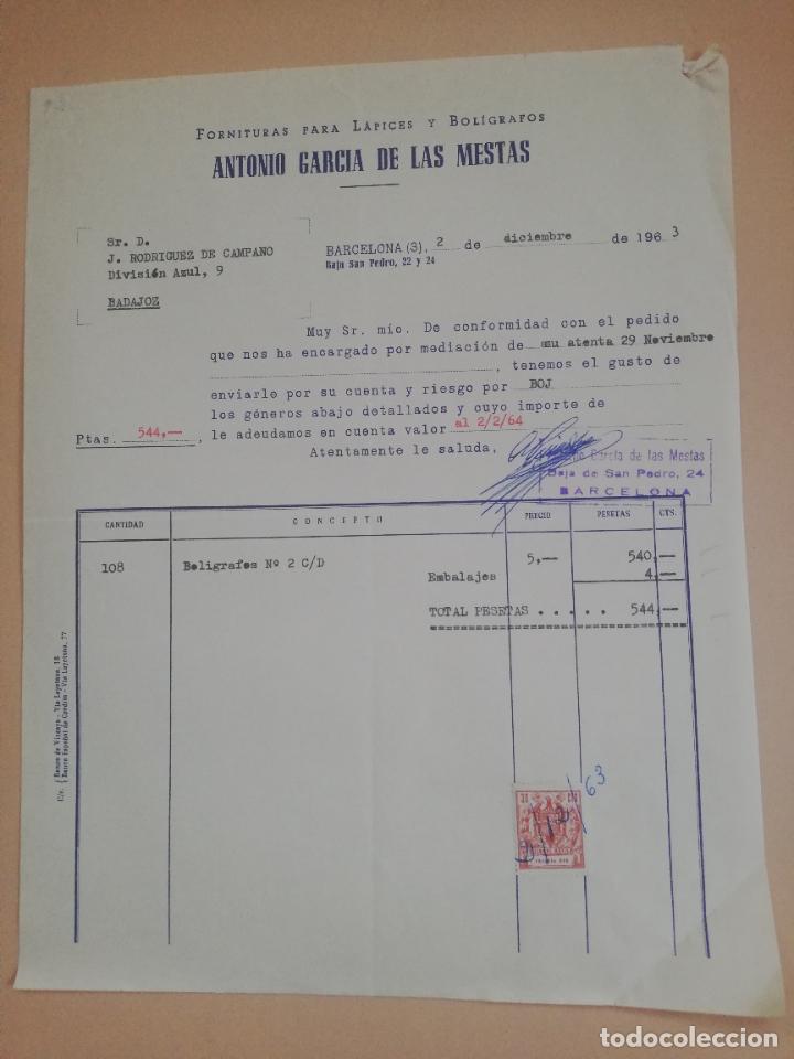 Facturas antiguas: FACTURA. FORNITURA PARA LAPICES Y BOLIGRAFOS. ANTONIO GARCIA DE LAS MESTAS. BARCELONA, 1963.