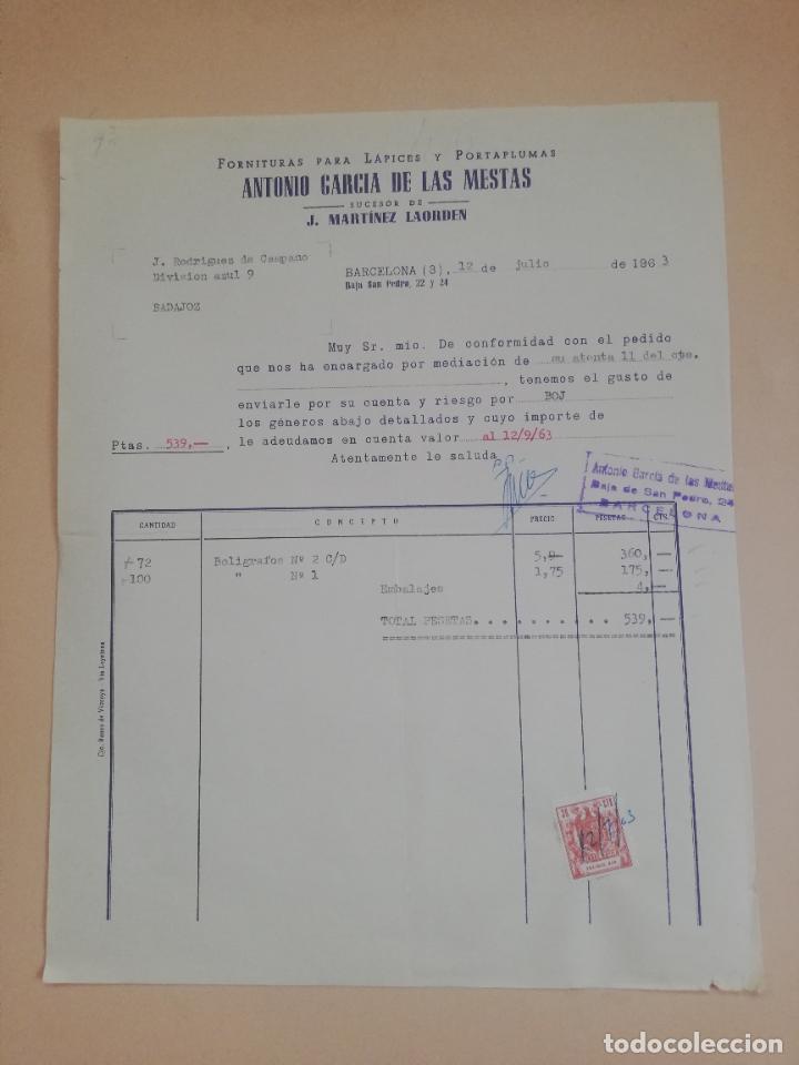 Facturas antiguas: FACTURA. FORNITURA PARA LAPICES Y PORTAPLUMAS. ANTONIO GARCIA DE LAS MESTAS. BARCELONA, 1963.