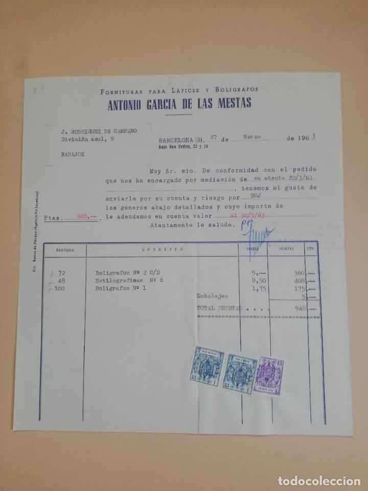 Facturas antiguas: FACTURA. FORNITURA PARA LAPICES Y BOLIGRAFOS. ANTONIO GARCIA DE LAS MESTAS. BARCELONA, 1963.