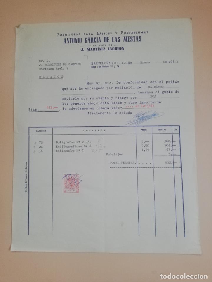 Facturas antiguas: FACTURA. FORNITURAS PARA LAPICES Y PORTAPLUMAS. ANTONIO GARCIA DE LAS MESTAS. BARCELONA, 1963.
