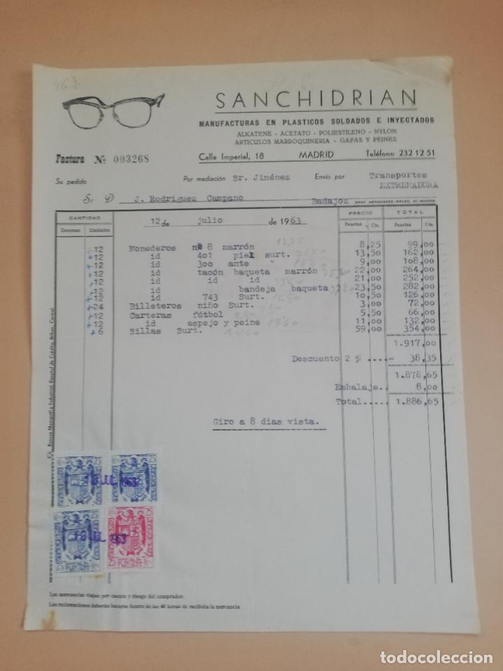 Facturas antiguas: FACTURA. SANCHIDRIAN. MANUFACTURAS EN PLASTICOS SOLDADOS E INYECTADOS. MADRID, 1963.
