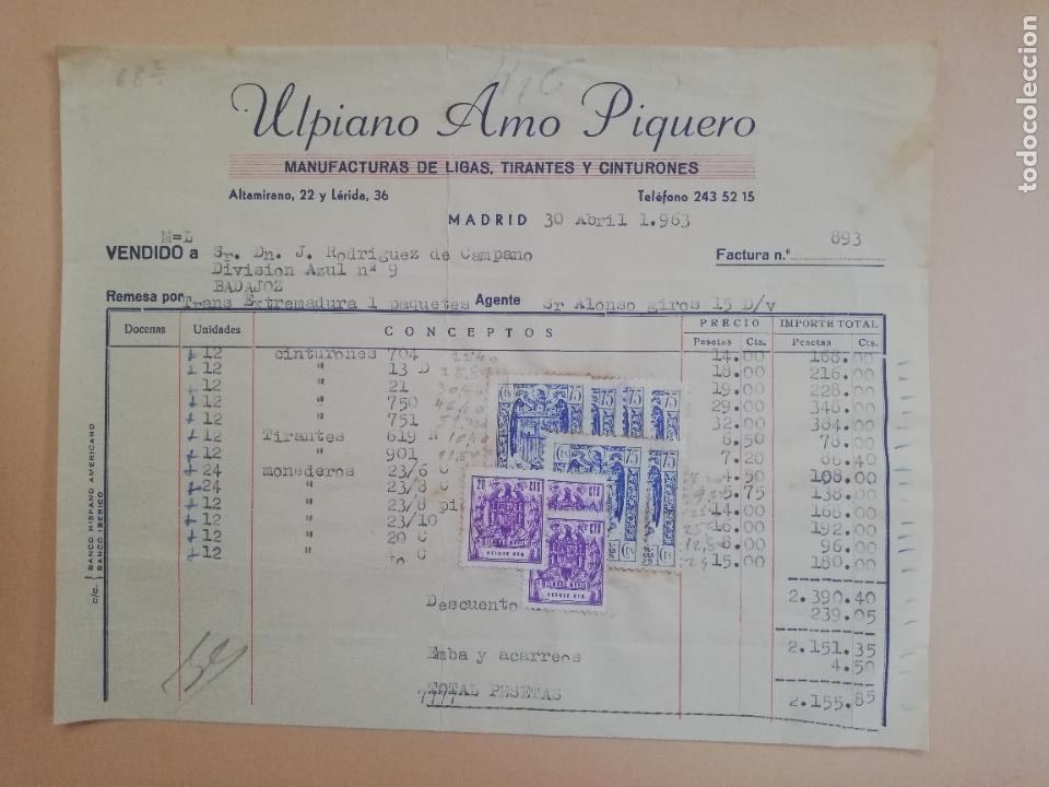 Facturas antiguas: FACTURA. MANUFACTURAS DE LIGAS. TIRANTES. CINTURONES. ULPIANO AMO PIQUERO. MADRID. 1963.