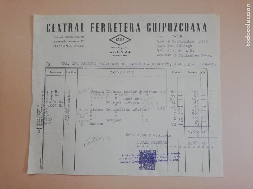 Facturas antiguas: FACTURA. CENTRAL FERRETERA GUIPUZCOANA. CAICA. ZARAUZ, GUIPUZCOA, 1958.