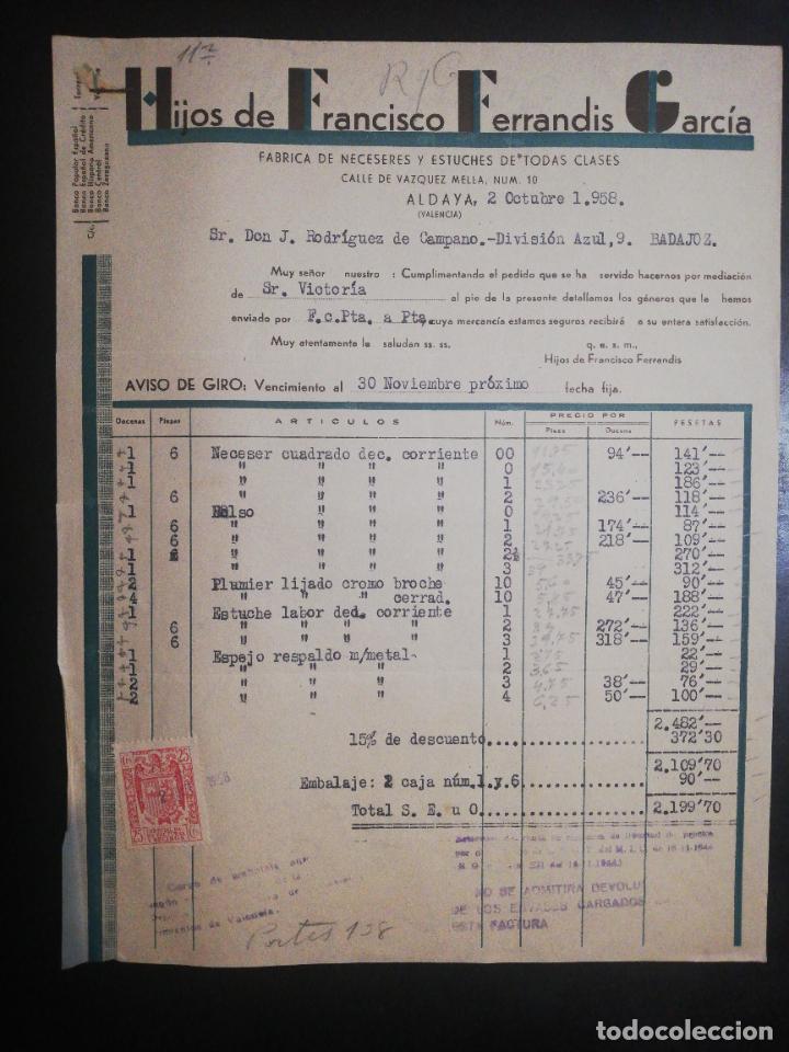Facturas antiguas: FACTURA. FABRICA DE NECESERES Y ESTUCHES. HIJOS DE FCO. FERRANDIS G&ordf;. ALDAYA, VALENCIA, 1958.