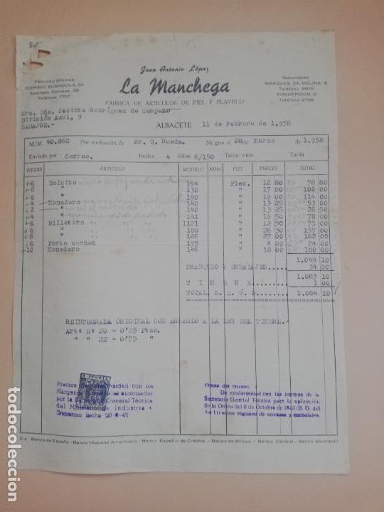 Old Invoices: FACTURA. FABRICA DE ARTICULOS DE PIEL. LA MANCHEGA. JUAN ANTONIO LOPEZ. ALBACETE. 1958.