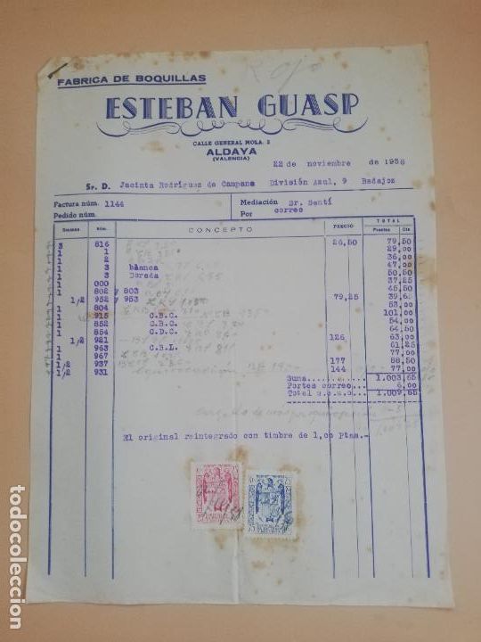 Old Invoices: FACTURA. FABRICA DE BOQUILLAS. ESTEBAN GUASP. ALDAYA, VALENCIA. 1958.