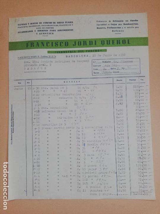 Old Invoices: FACTURA. TAPONES Y DISCOS DE CORCHO DE TODAS CLASES. FRANCISCO JORDI QUEROL. BARCELONA, 1958.