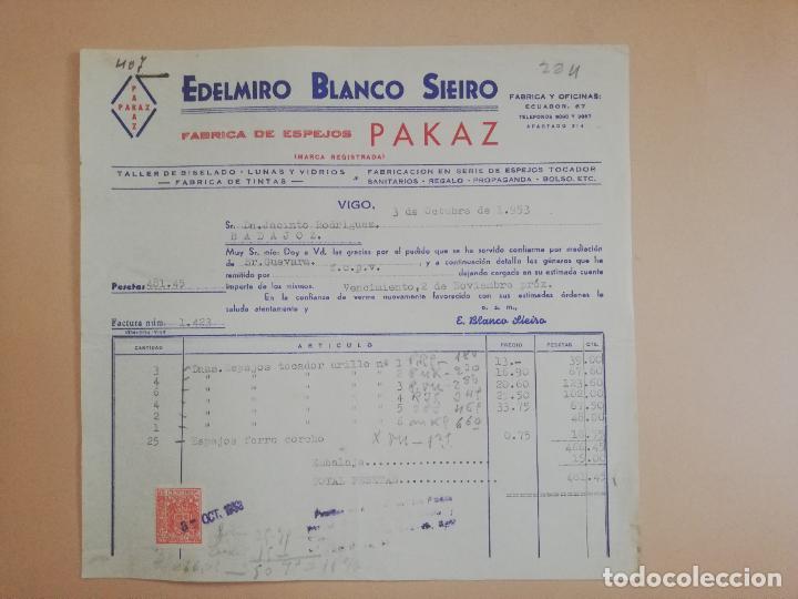 Old Invoices: FACTURA. FABRICA DE ESPEJOS PAKAZ. EDELMIRO BLANCO SIEIRO. VIGO, 1953.