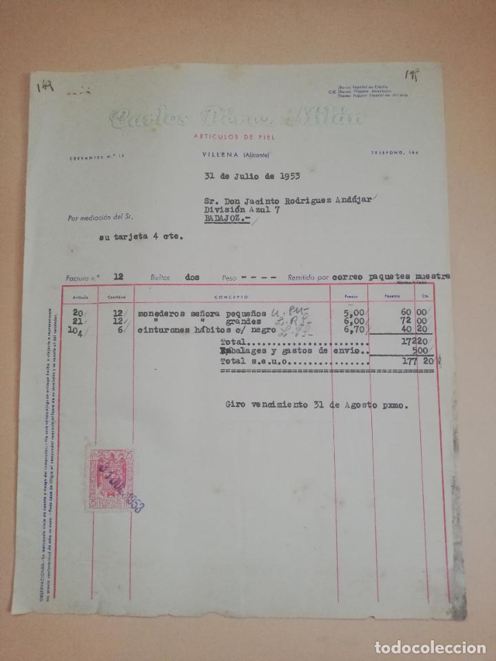 Old Invoices: FACTURA. ARTICULOS DE PIEL. CARLOS PEREZ MILAN. VILLENA, ALICANTE, 1953.